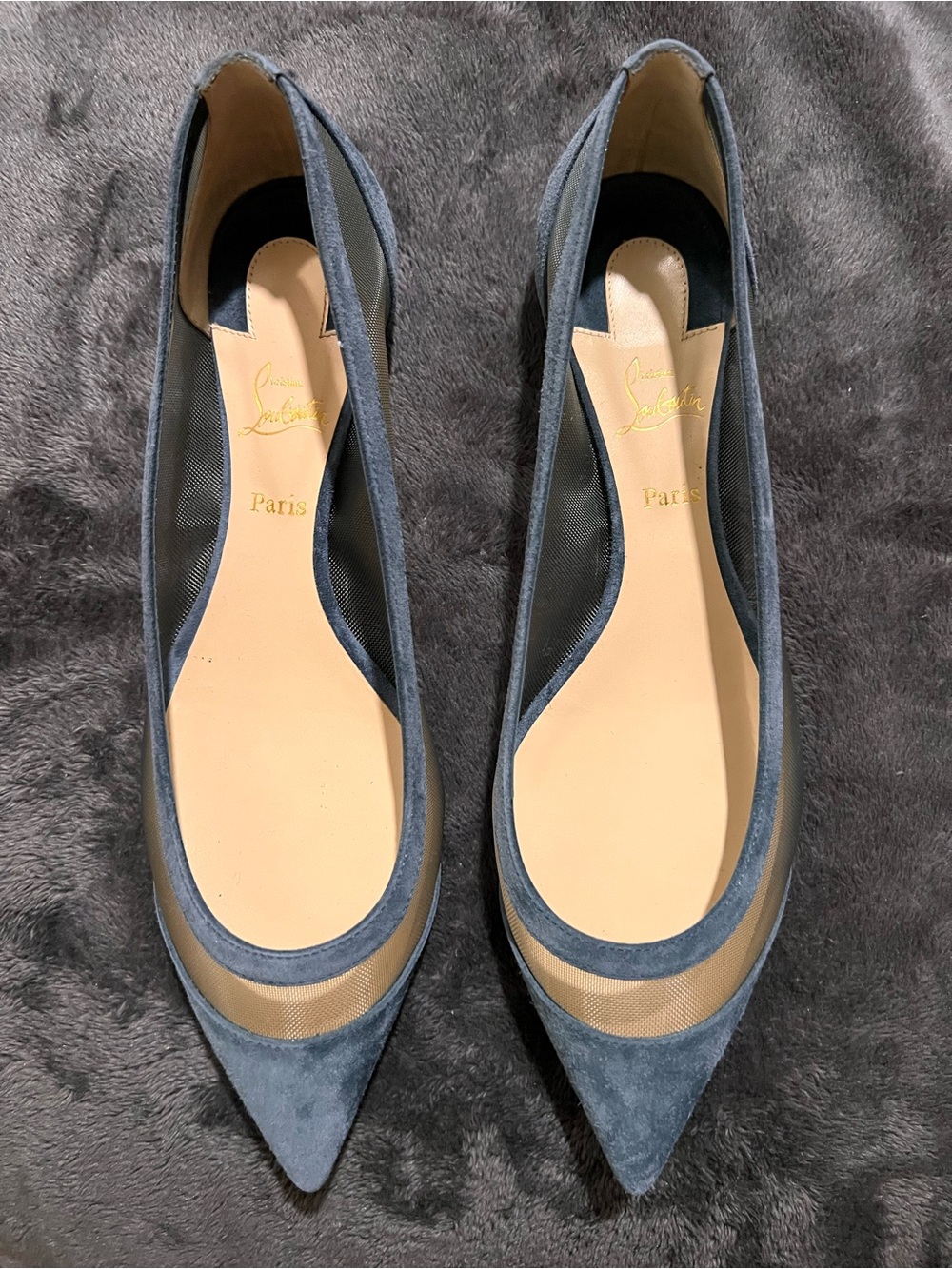 Christian Louboutin Navy Suede Pointed Toe Flats with Mesh